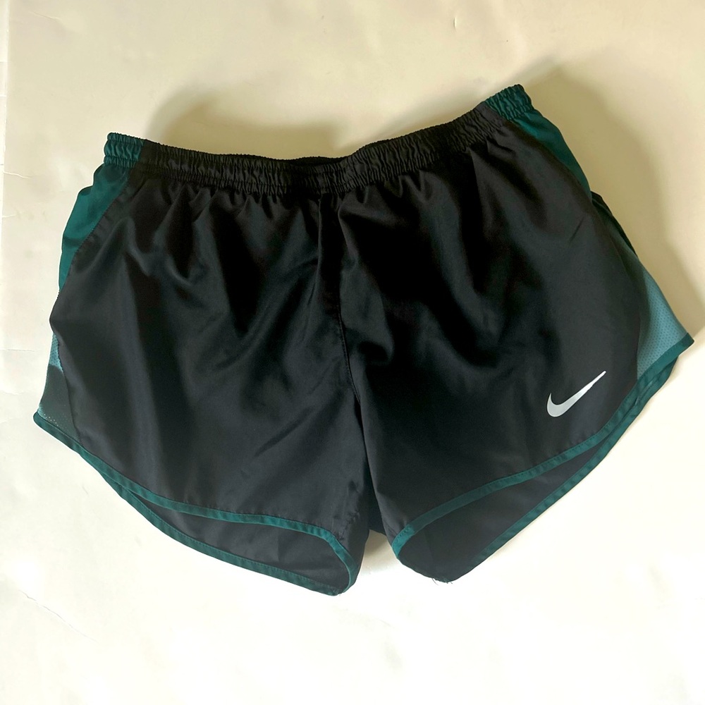 Nike Dri Fit running shorts, black with green trim, M